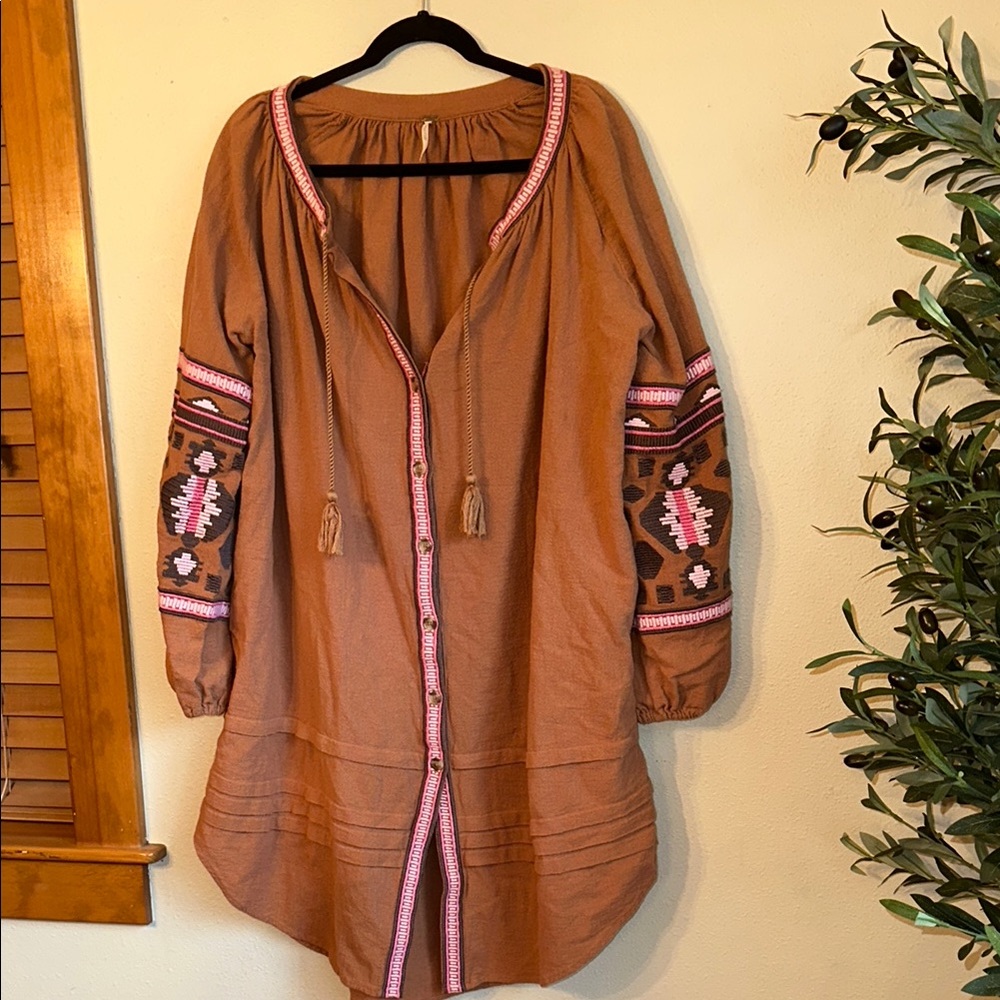 Free People Bohemian Brown Tunic with Pink Accents